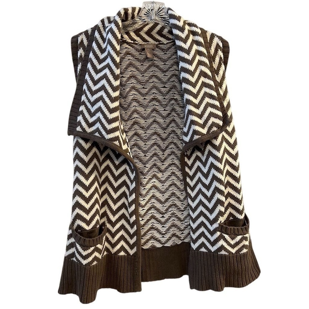 Chico's Women's Chevron Sweater Vest Size 0 Taupe White Sleeveless